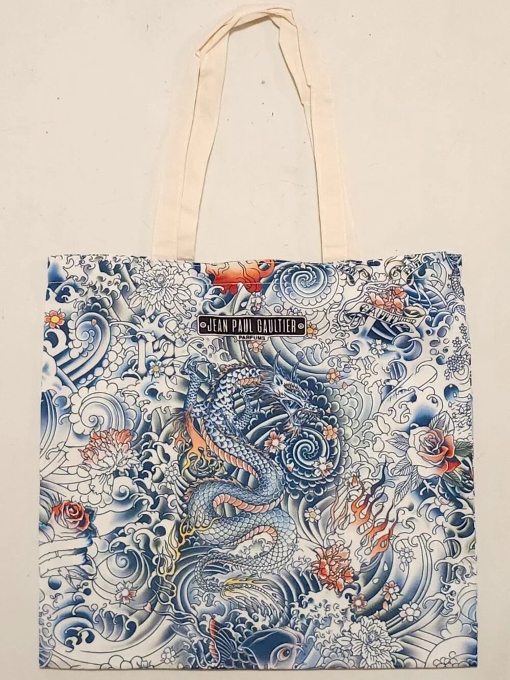 Jean Paul Gaultier Parfumes Blue, Cream & Orange Dragon Print Tote